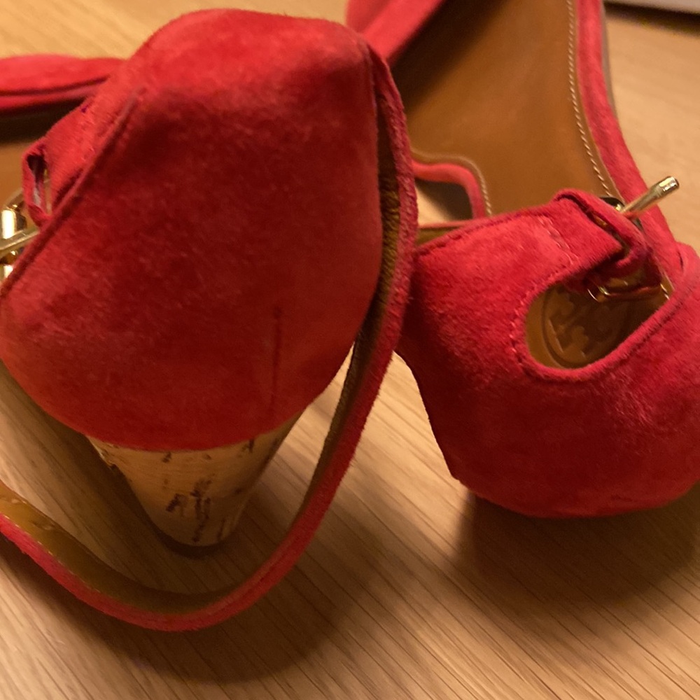 Tory Burch Red Suede Ankle-Strap Cork Wedge Sandal - Picture 8 of 8